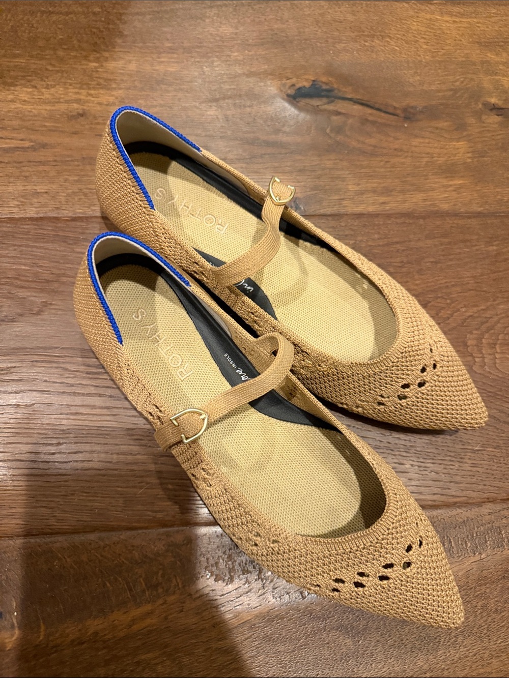 Rothy's Pointed Mary Jane Flats in Camel with Blue Trim - Picture 3 of 4